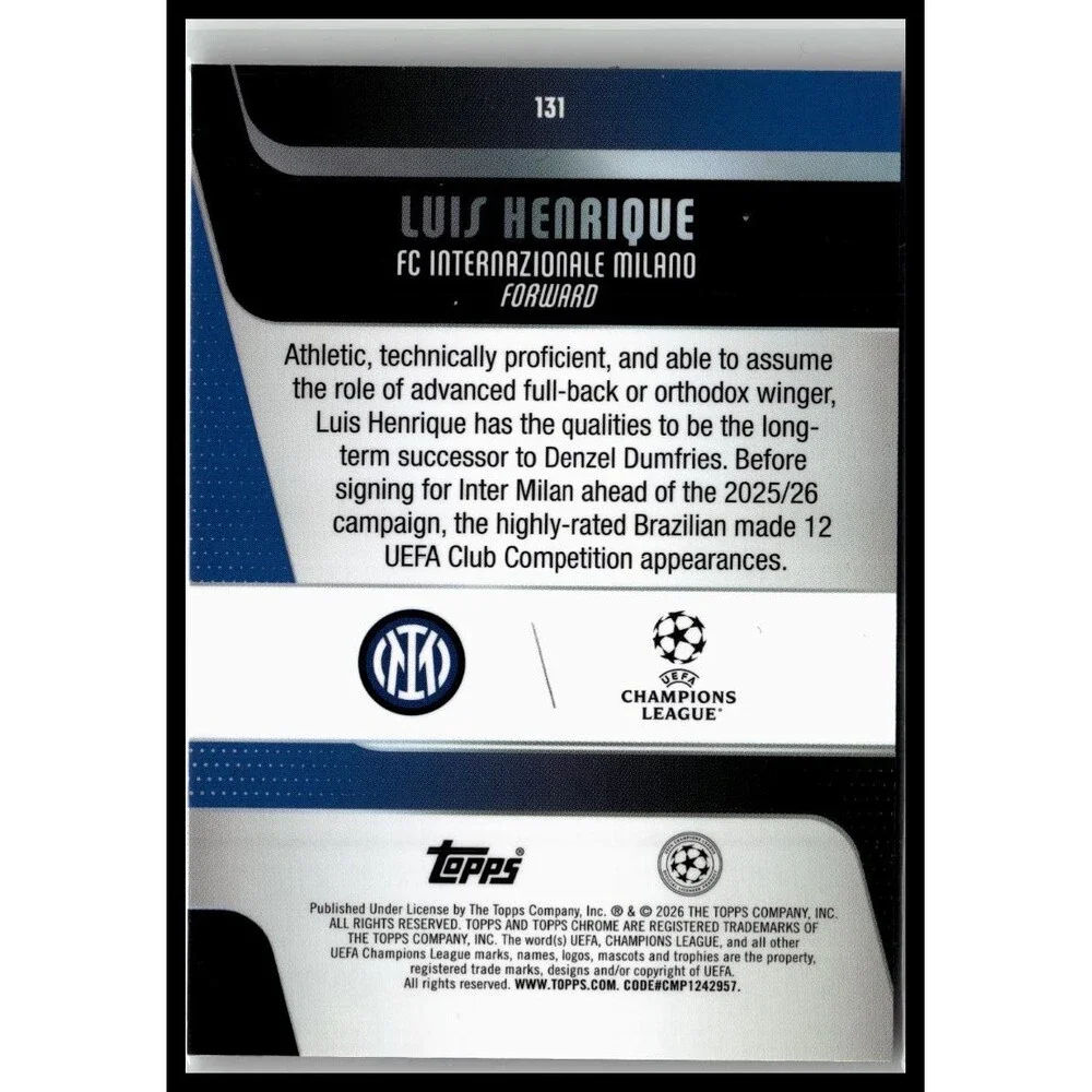 2025-26 Topps Chrome UEFA Luis Henrique #131 Inter Milan X-Fractor